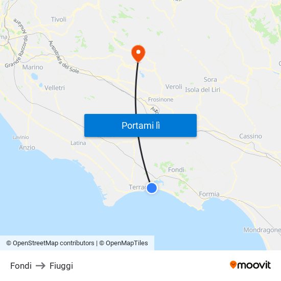 Fondi to Fiuggi map