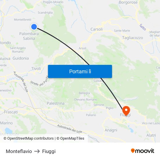 Monteflavio to Fiuggi map