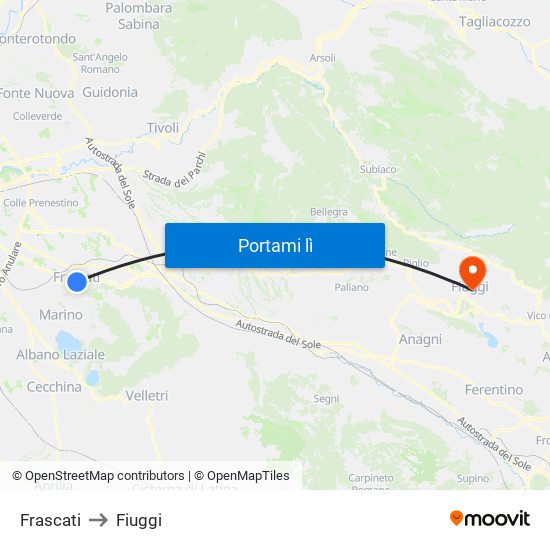 Frascati to Fiuggi map