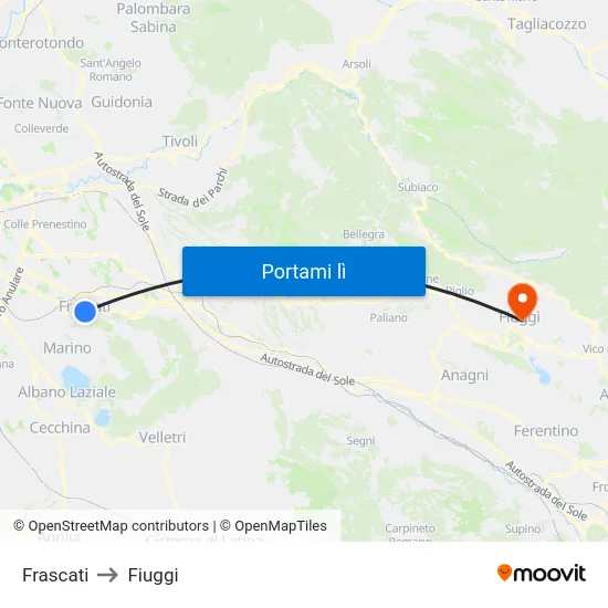 Frascati to Fiuggi map