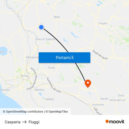 Casperia to Fiuggi map
