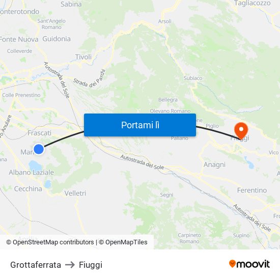 Grottaferrata to Fiuggi map