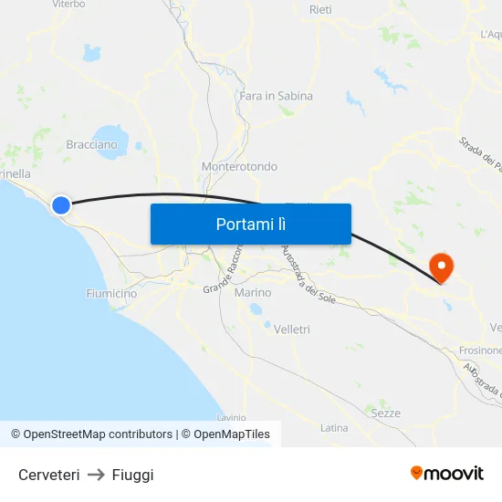 Cerveteri to Fiuggi map