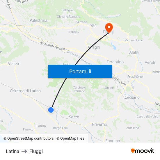 Latina to Fiuggi map