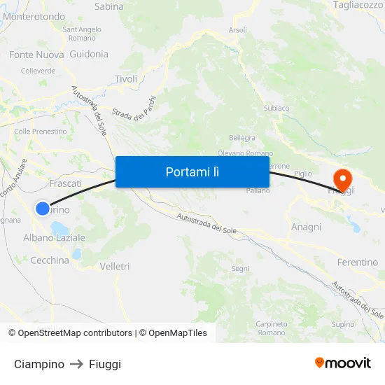 Ciampino to Fiuggi map