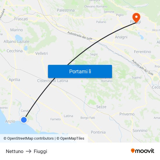 Nettuno to Fiuggi map