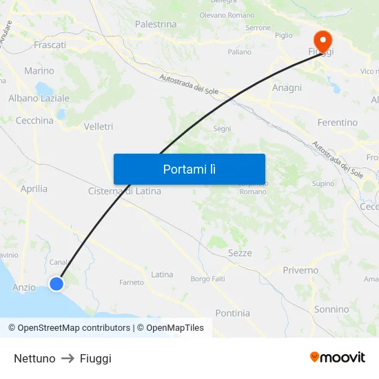 Nettuno to Fiuggi map