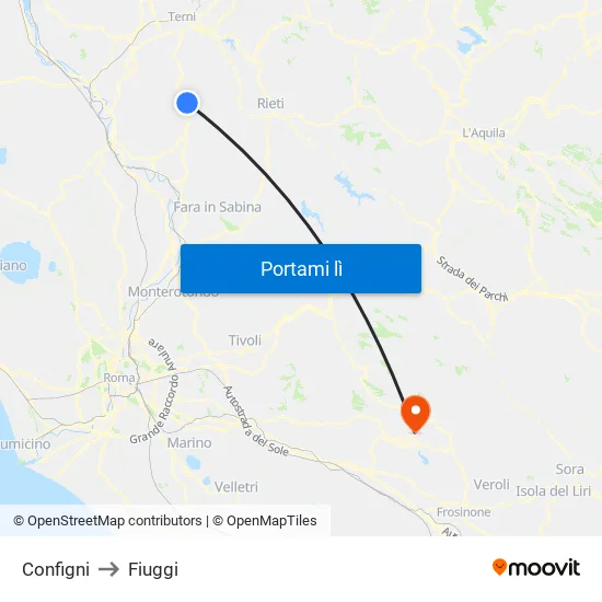 Configni to Fiuggi map