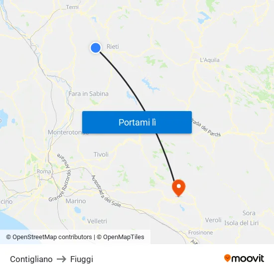 Contigliano to Fiuggi map