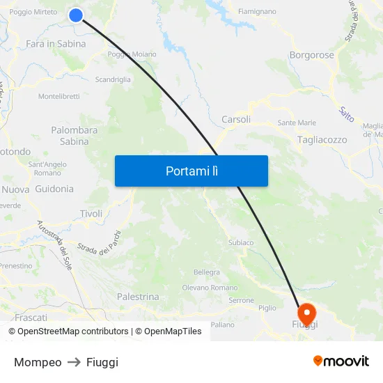 Mompeo to Fiuggi map