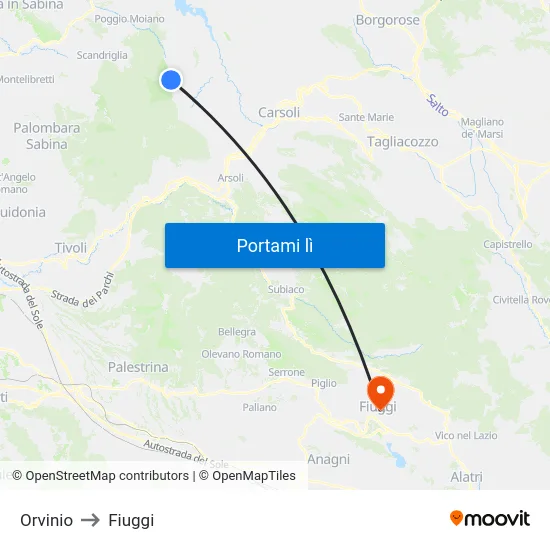 Orvinio to Fiuggi map