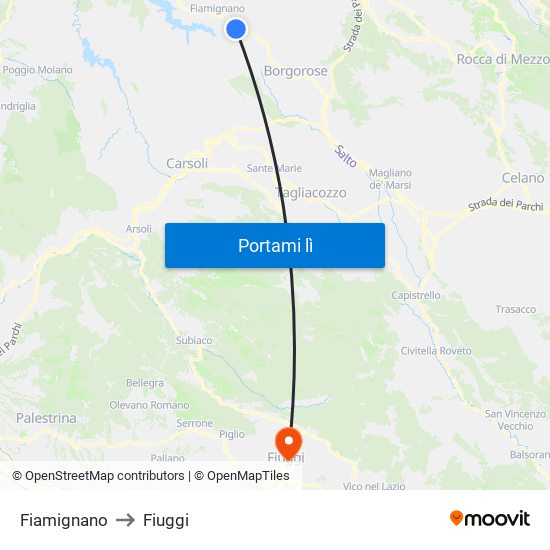 Fiamignano to Fiuggi map