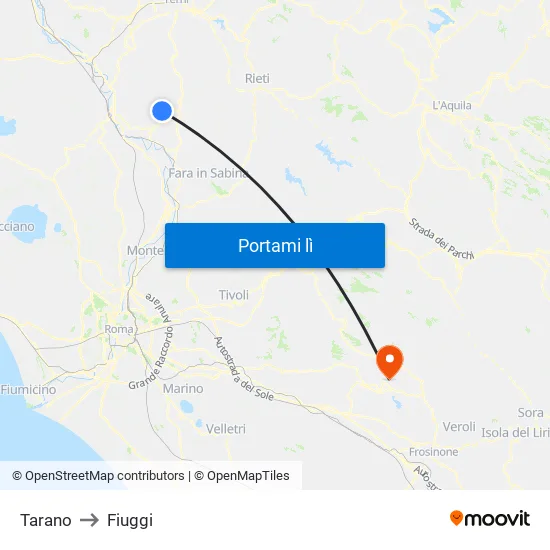 Tarano to Fiuggi map