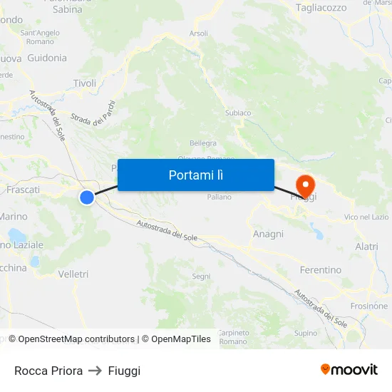 Rocca Priora to Fiuggi map