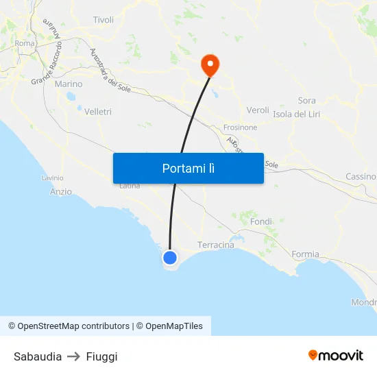Sabaudia to Fiuggi map
