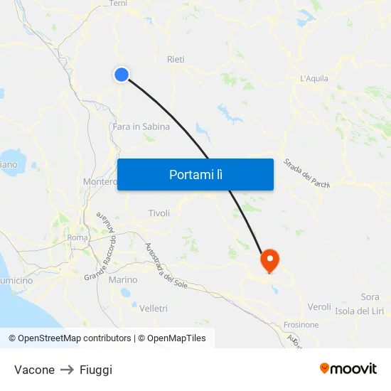 Vacone to Fiuggi map