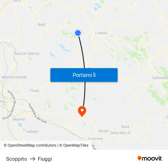 Scoppito to Fiuggi map