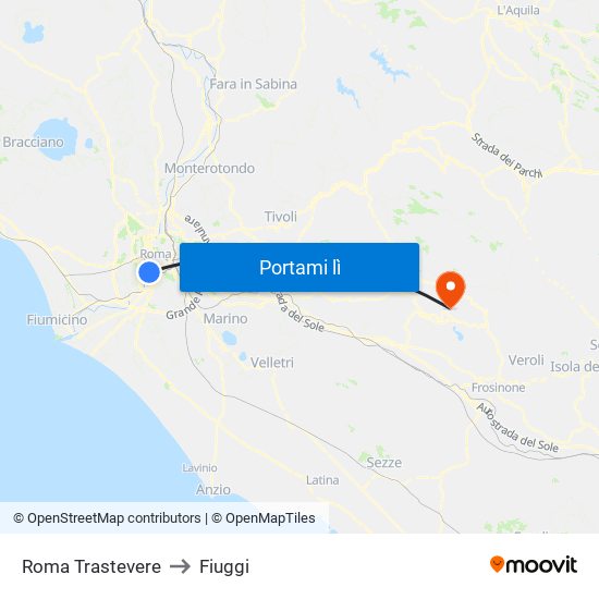 Roma Trastevere to Fiuggi map