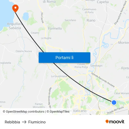 Rebibbia to Fiumicino map
