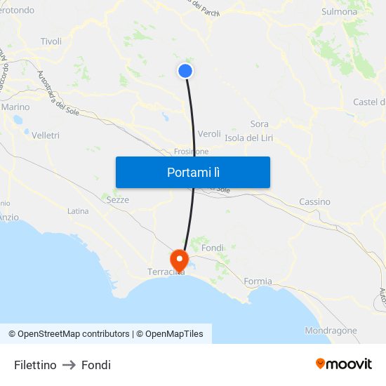 Filettino to Fondi map