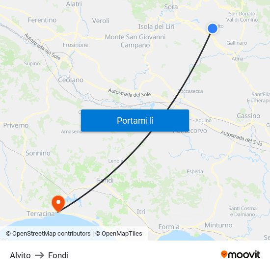 Alvito to Fondi map