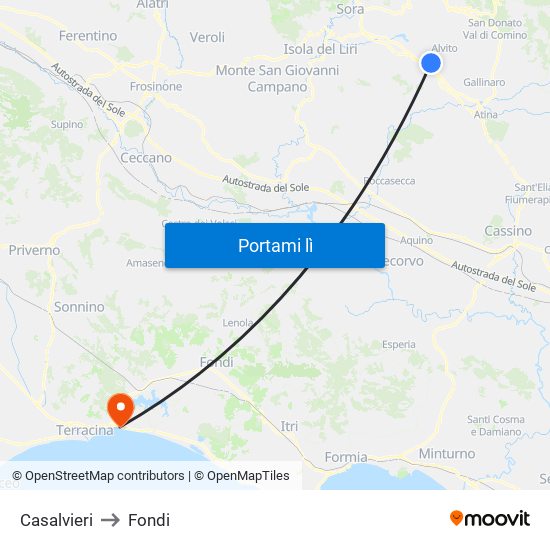 Casalvieri to Fondi map