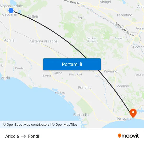 Ariccia to Fondi map