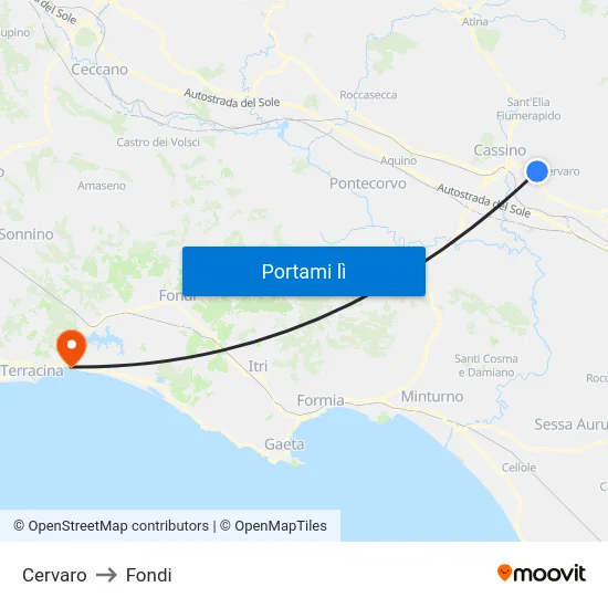 Cervaro to Fondi map