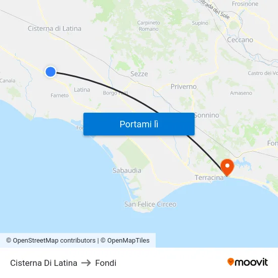 Cisterna Di Latina to Fondi map