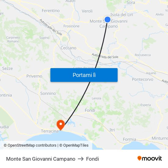 Monte San Giovanni Campano to Fondi map