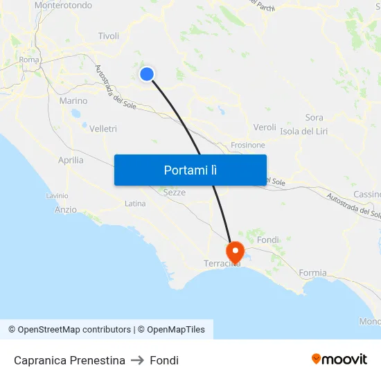 Capranica Prenestina to Fondi map
