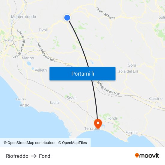 Riofreddo to Fondi map