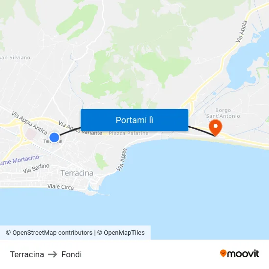 Terracina to Fondi map