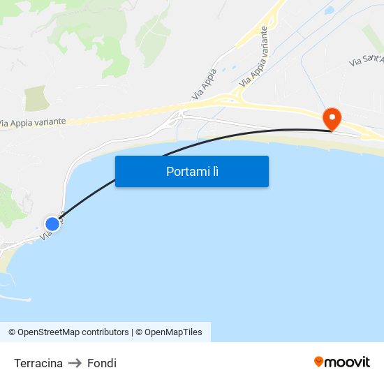 Terracina to Fondi map