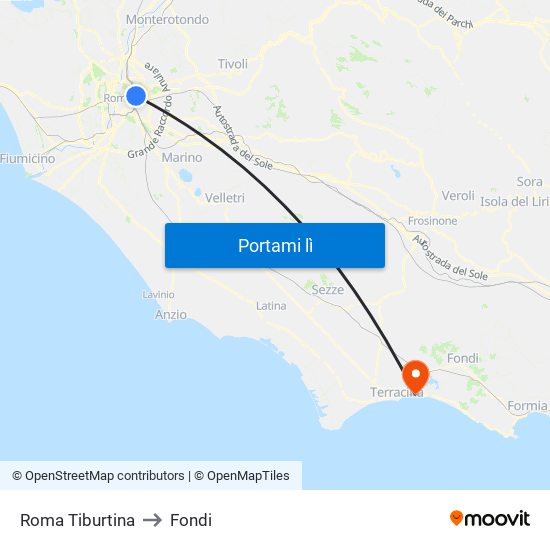 Roma Tiburtina to Fondi map