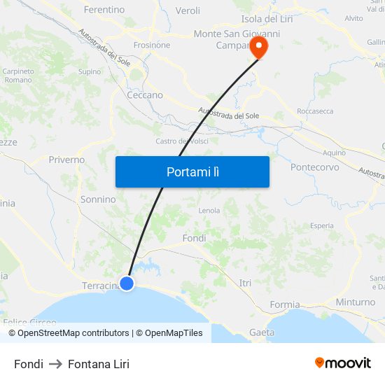 Fondi to Fontana Liri map