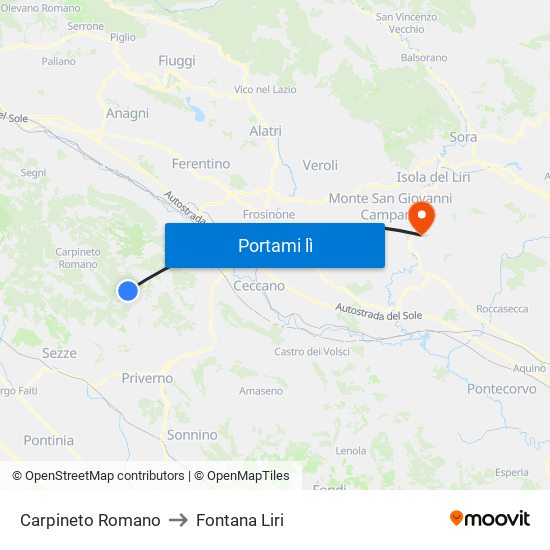 Carpineto Romano to Fontana Liri map