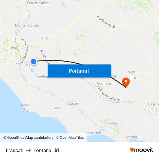 Frascati to Fontana Liri map