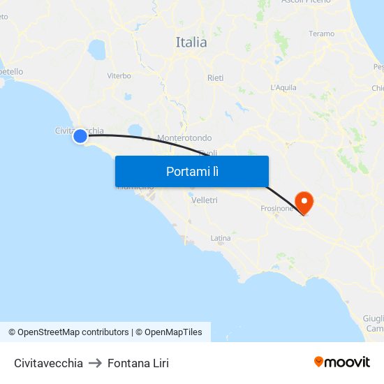 Civitavecchia to Fontana Liri map