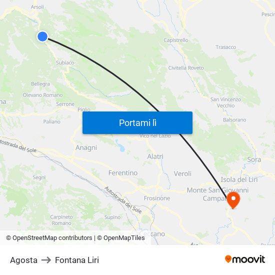 Agosta to Fontana Liri map