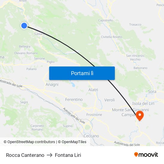 Rocca Canterano to Fontana Liri map