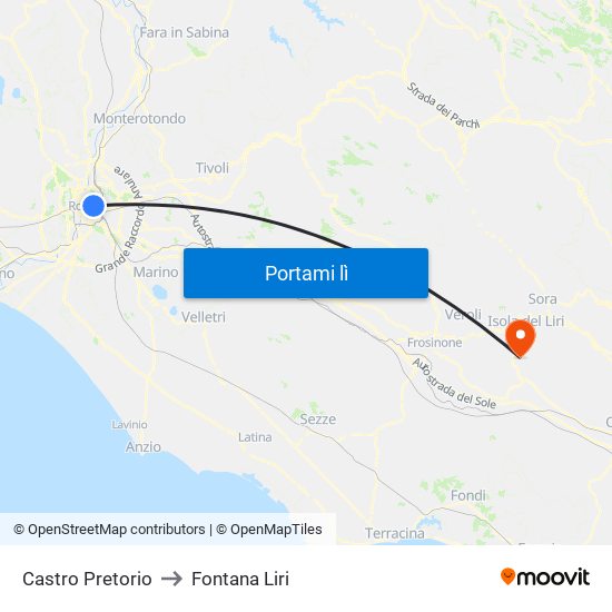 Castro Pretorio to Fontana Liri map