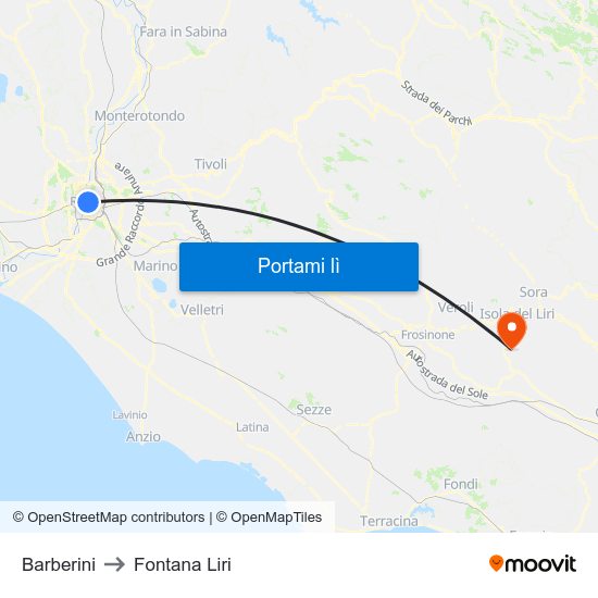 Barberini to Fontana Liri map