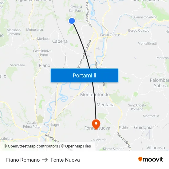 Fiano Romano to Fonte Nuova map
