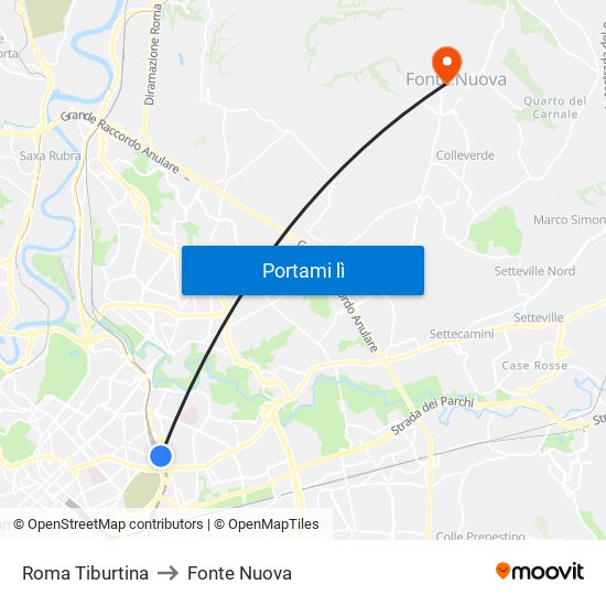Roma Tiburtina to Fonte Nuova map