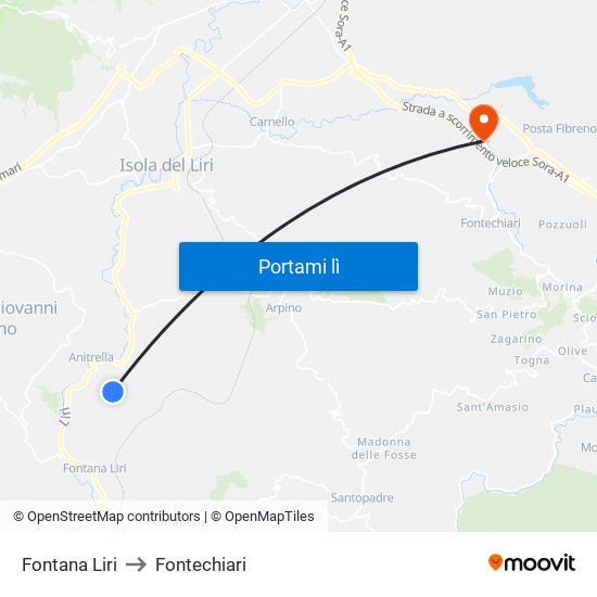 Fontana Liri to Fontechiari map