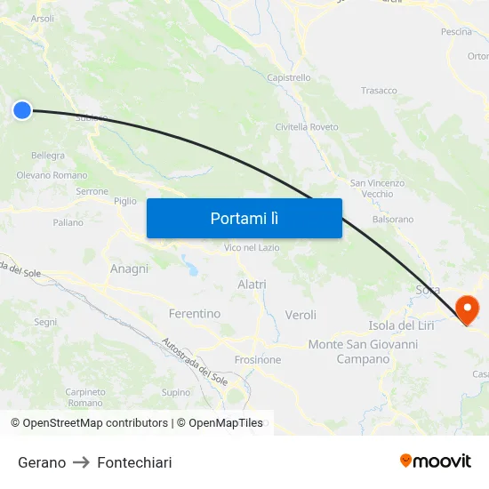 Gerano to Fontechiari map