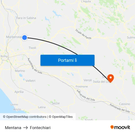 Mentana to Fontechiari map