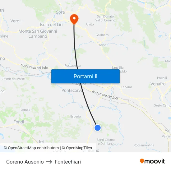 Coreno Ausonio to Fontechiari map