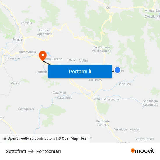 Settefrati to Fontechiari map